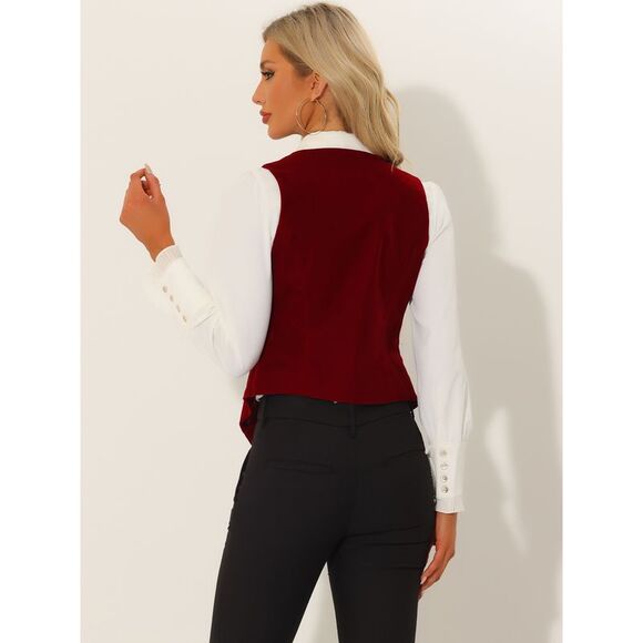 Velvet Suit Waistcoat Retro Sleeveless Steampunk Blazer Dressy Vest Burgundy - Picture 3 of 6